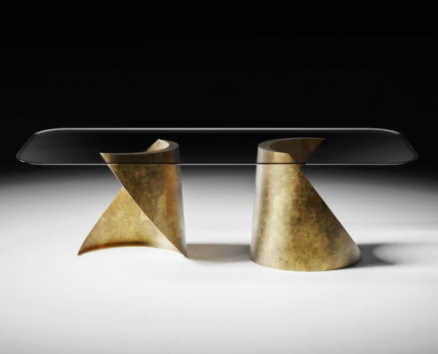 Esstisch Tholos, Goldener Tisch, Designertisch, Esstisch auf zwei Füßen